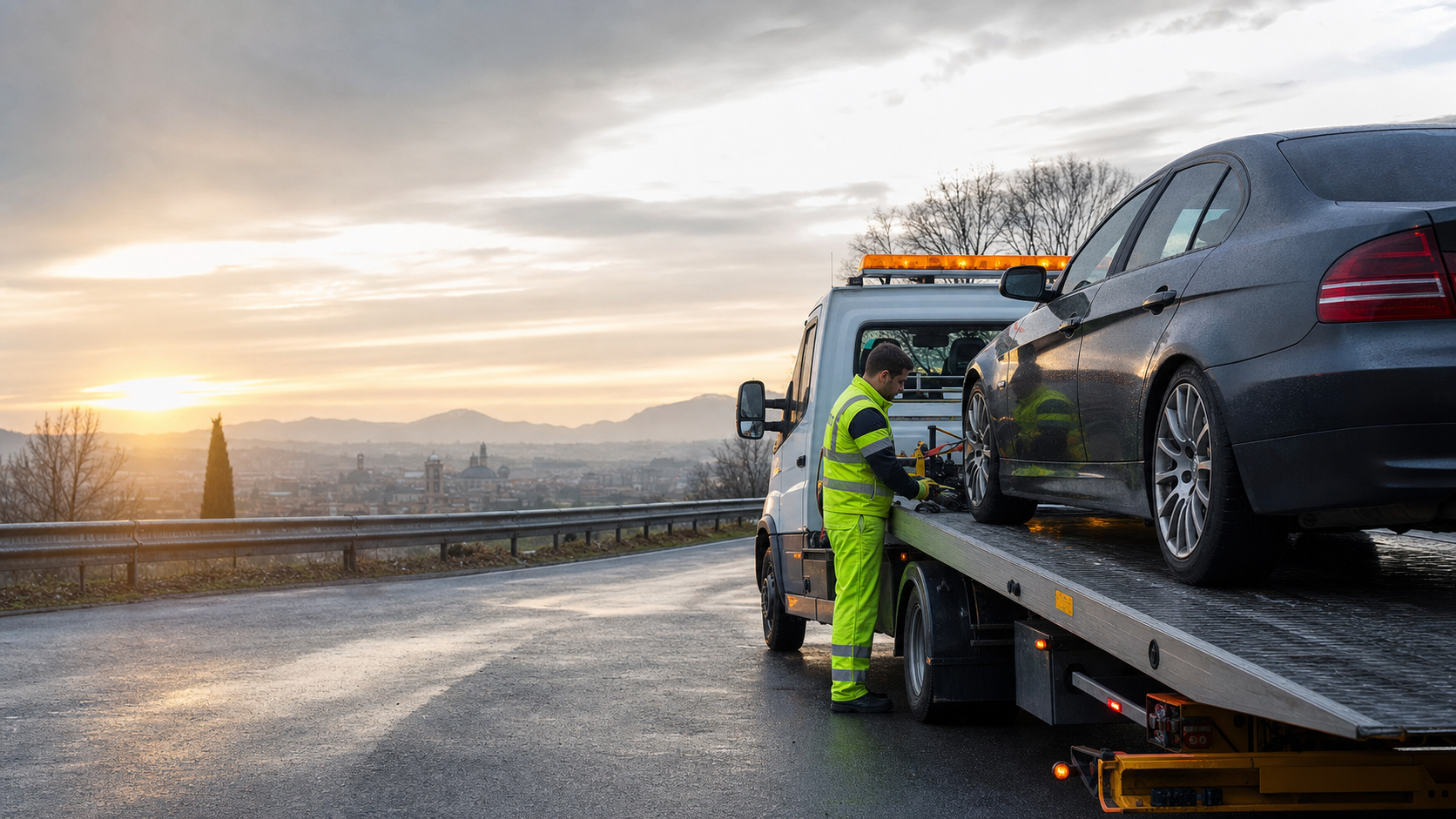 Tecnico che assicura un’auto sulla piattaforma di un carroattrezzi a Brescia